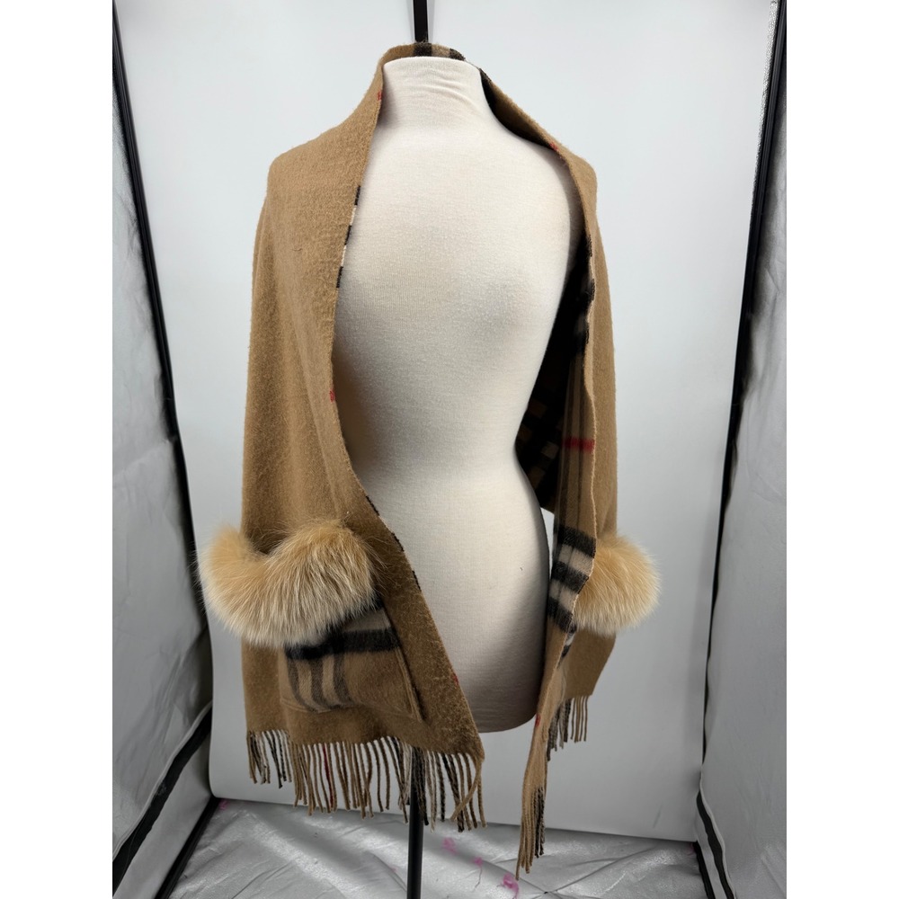 Unbranded Plaid Wool Scarf Wrap Women shawl Camel Fur Trim Pockets Fringe Trim